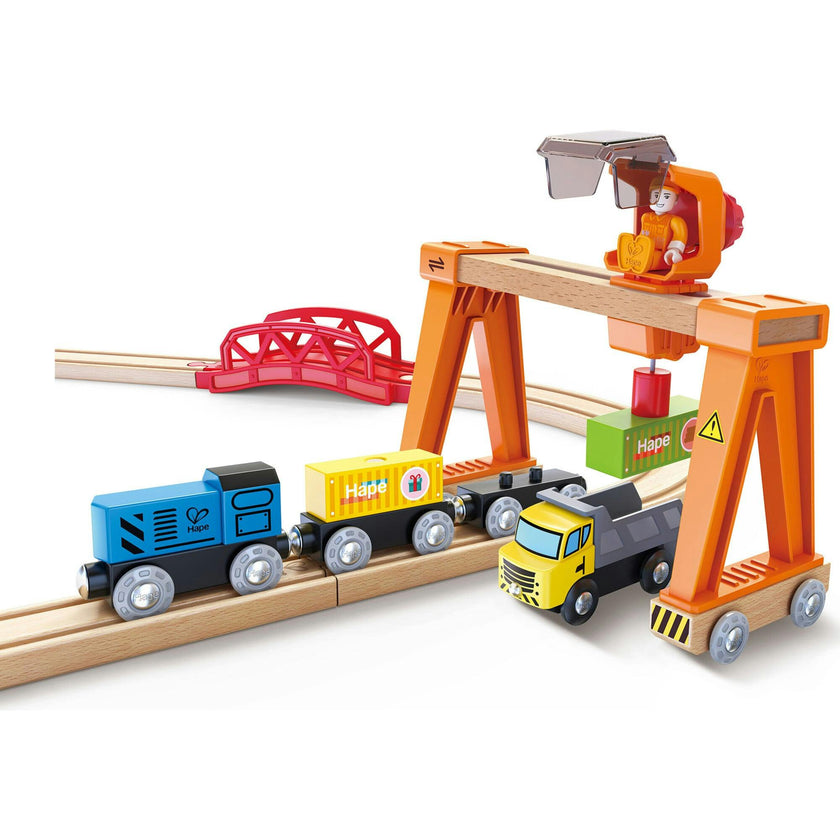 Hape: Lift & Load Harbor Set - 25 pc Land & Water Wooden Train Toy Playset