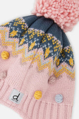 Winter Peruvian Knit Hat With Pompom Pink And Blue Jacquard