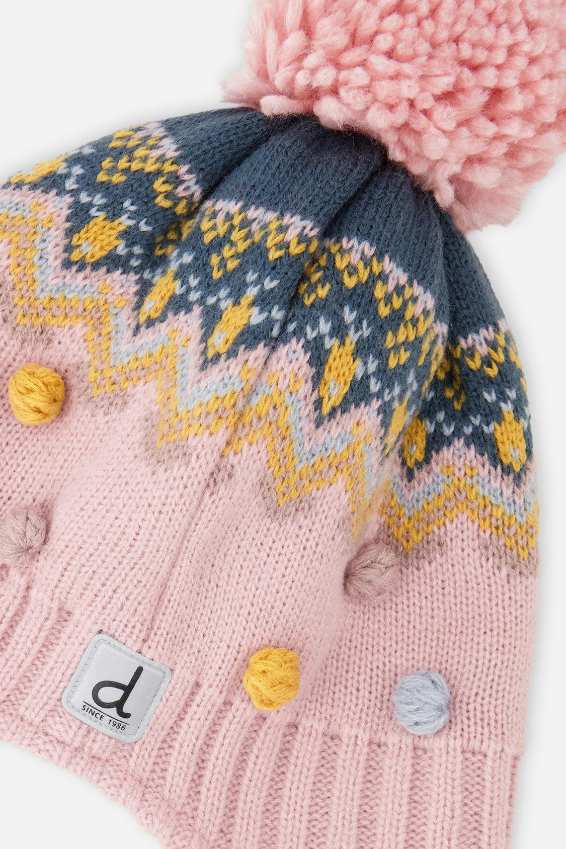 Winter Peruvian Knit Hat With Pompom Pink And Blue Jacquard