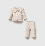 Pink Embroidered Collar Knit Cardigan & Pant Set