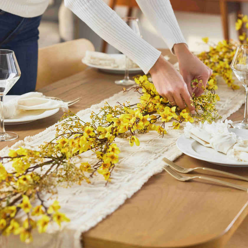 Flowering Yellow Forsythia Blossom & Faux Berry Twig Spring Mantel Garland Table Runner