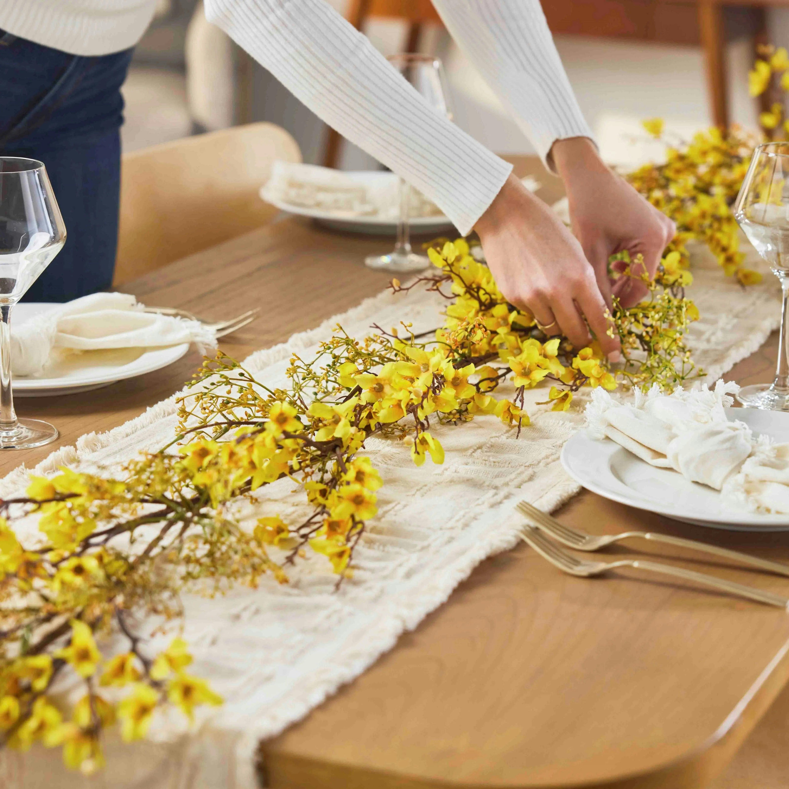 Flowering Yellow Forsythia Blossom & Faux Berry Twig Spring Mantel Garland Table Runner