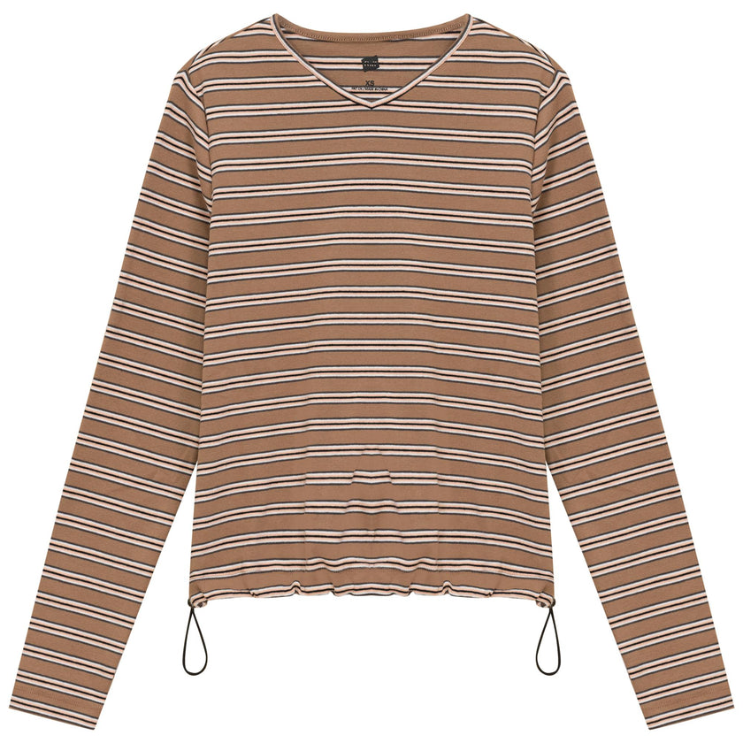 Ribbed Striped V Neck Tee With Bungee Rope