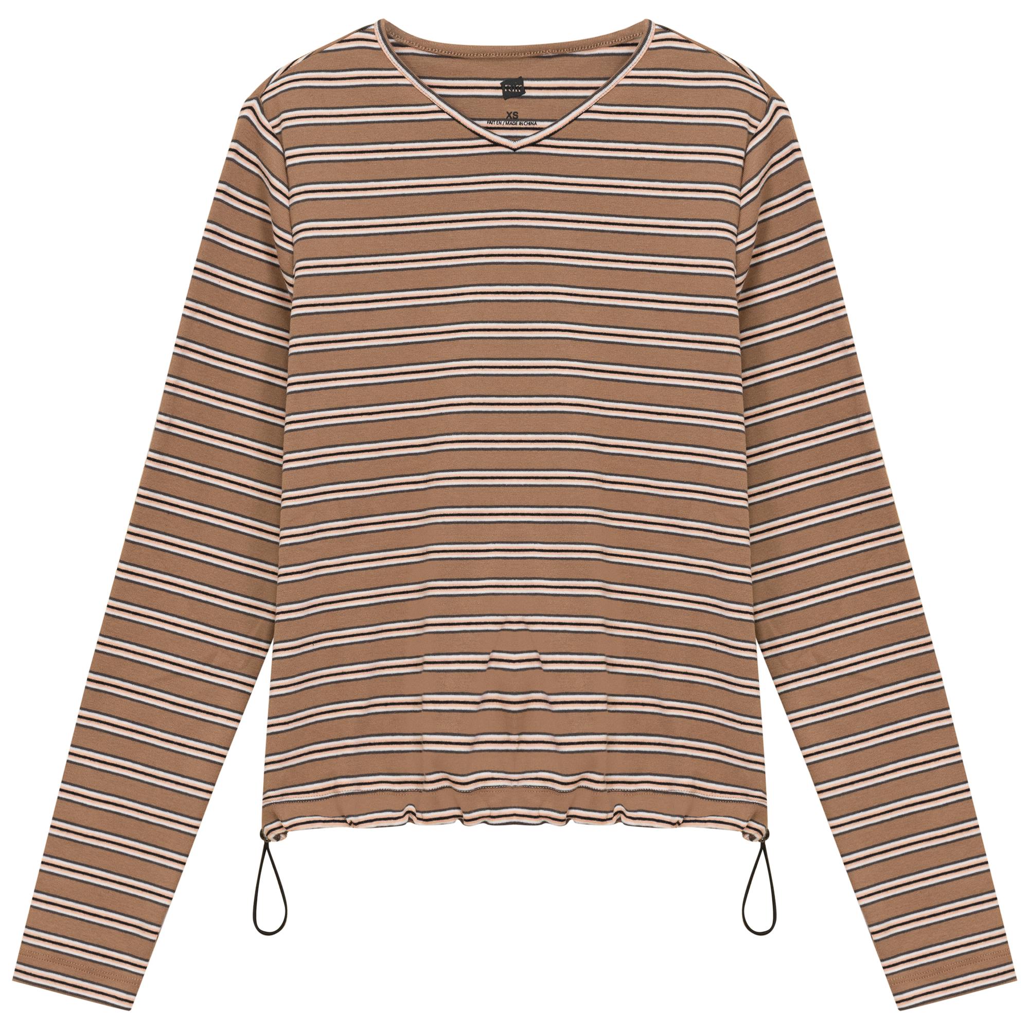 Ribbed Striped V Neck Tee With Bungee Rope