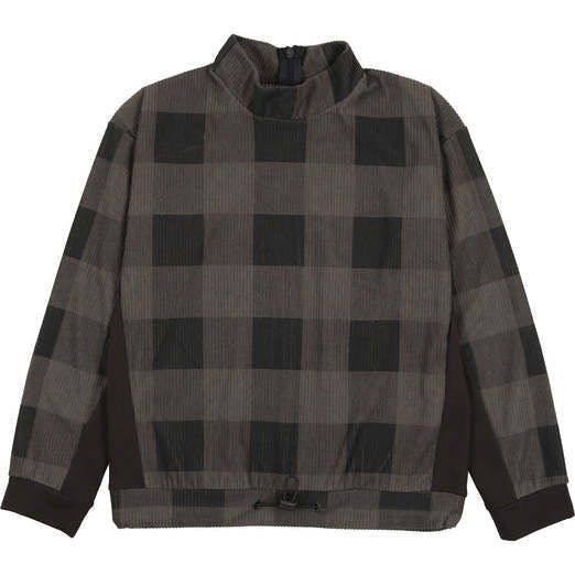 Corduroy Plaid Mao Collar Long Sleeve Toggle Top