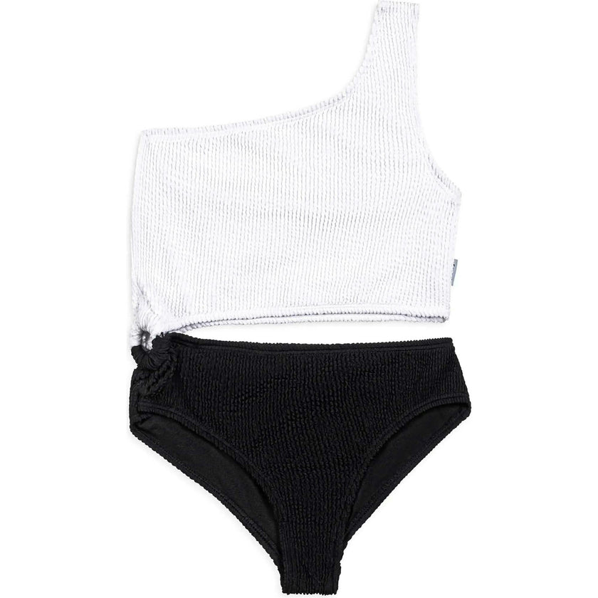 Dina Crinkle Side Cutout One Piece Swimsuit - Black and White