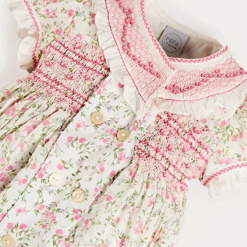 Alice Floral Double Breasted Hand Smocked Romper in Pink (6mths-2yrs)