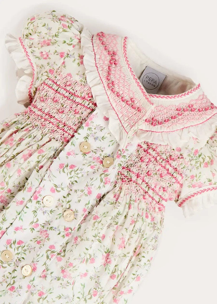 Alice Floral Double Breasted Hand Smocked Romper in Pink (6mths-2yrs)