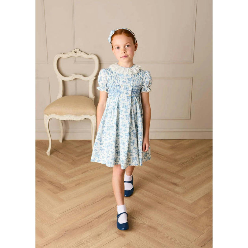 Audrey Toile Hand Smocked Ruffle Collar Short Sleeve Dress in Blue (12mths- 10yrs)