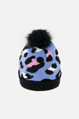 Winter Knit Hat With Pompom Blue Leopard Print