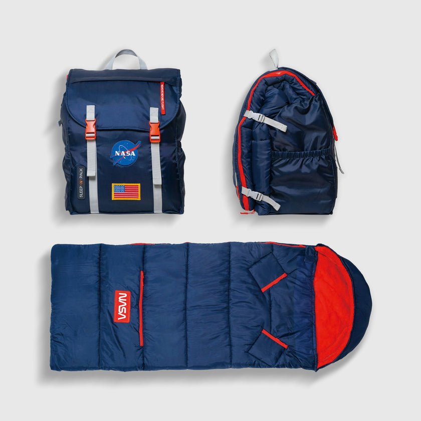 Sleep-N-Pack™ – Big Kid Size | NASA Official Logo & Patches | 2-in-1 Backpack & Sleeping Bag with Cozy Fleece Liner - NAVY