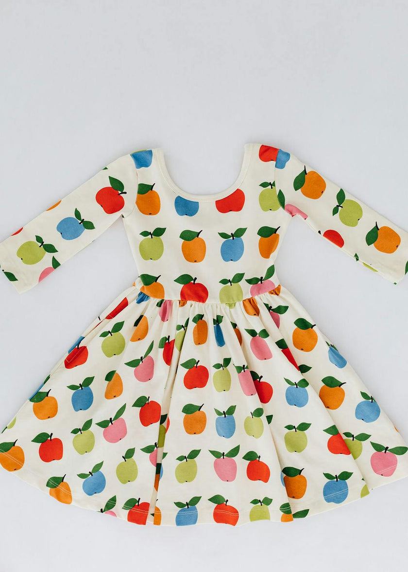 3/4 Sleeve Twirl Dress in Colorful Apples