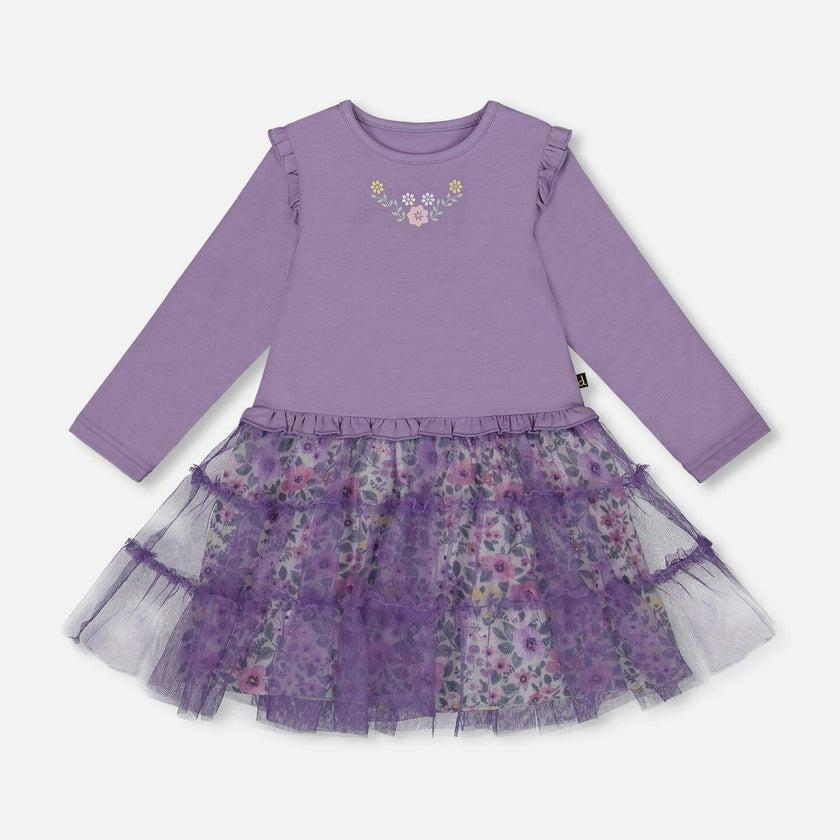 Bi-Material Dress with Muslin and Mesh Skirt
