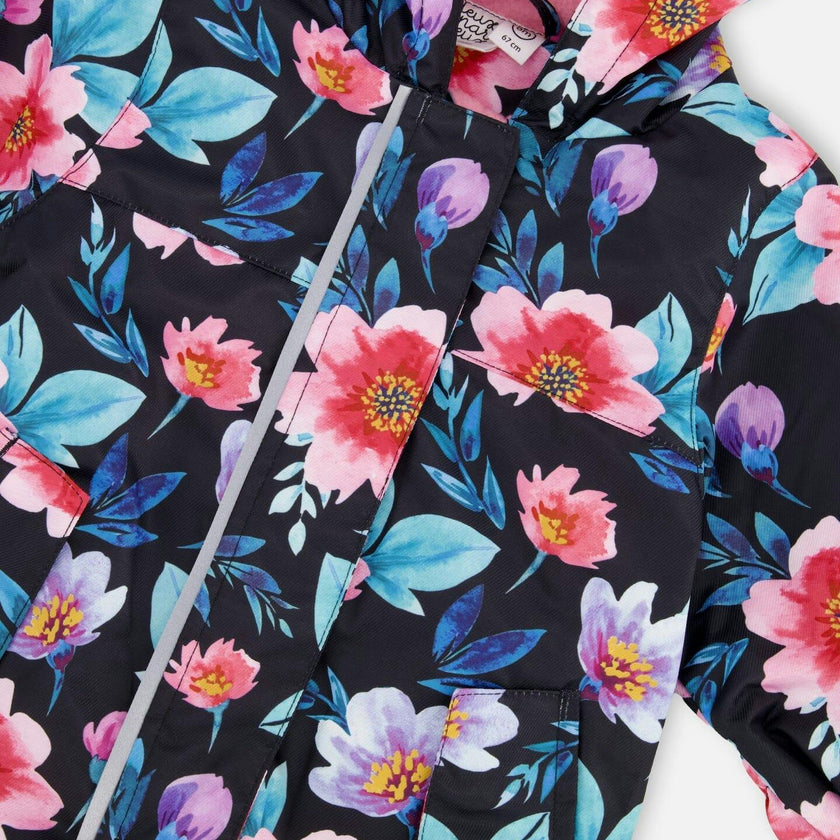 Baby Mid-Season One-Piece Outerwear With Hat Black Printed Flowers