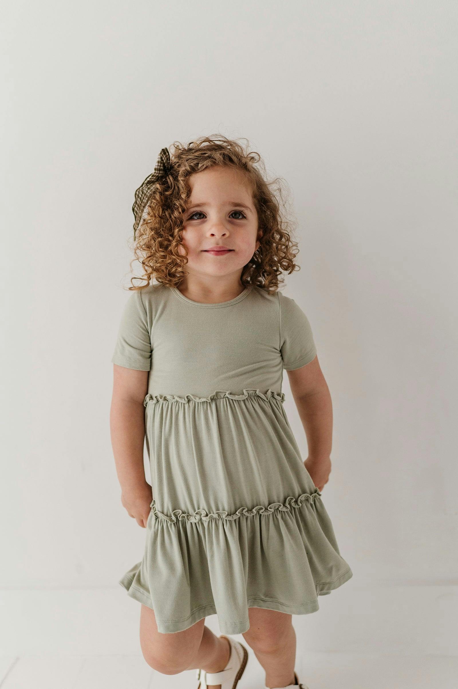 Girls Short Sleeve Double Tiered Dress in Sage
