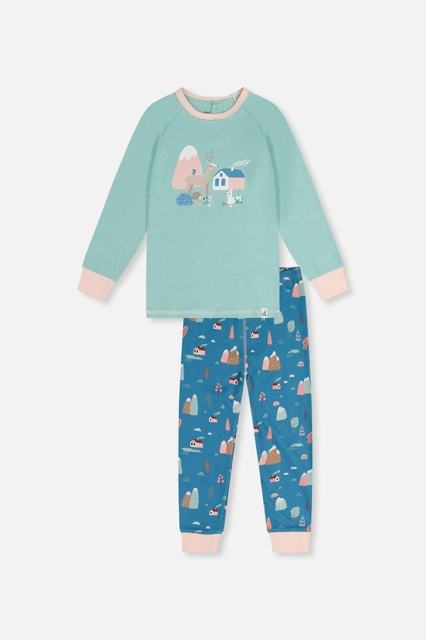 Organic Cotton Two Piece Pajama Set Blue House Print