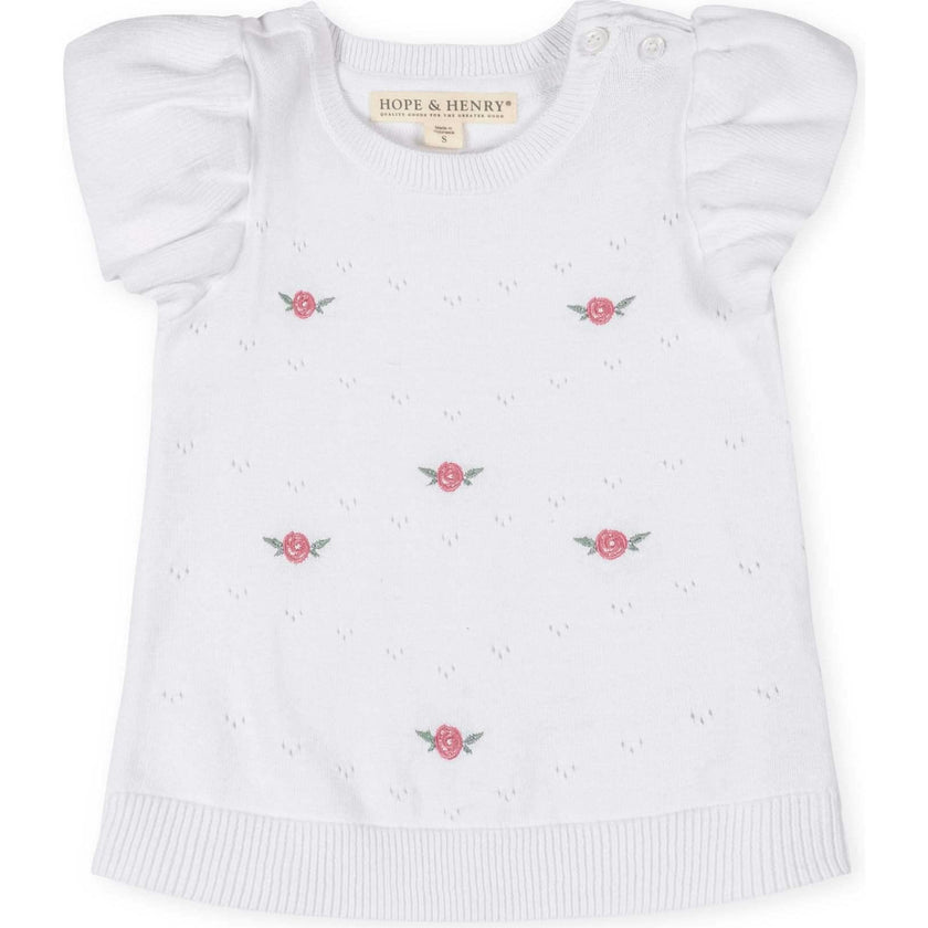 Organic Ruffle Sleeve Pointelle Sweater, White