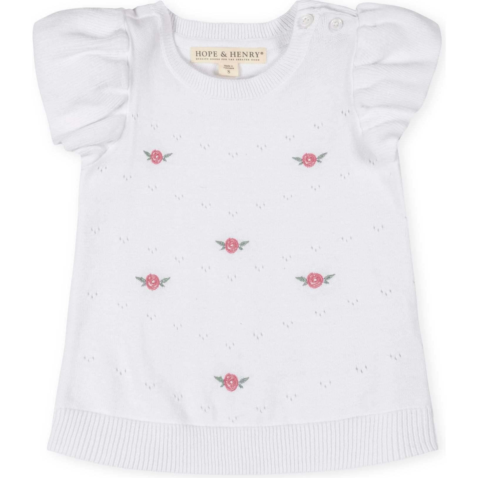 Organic Ruffle Sleeve Pointelle Sweater, White