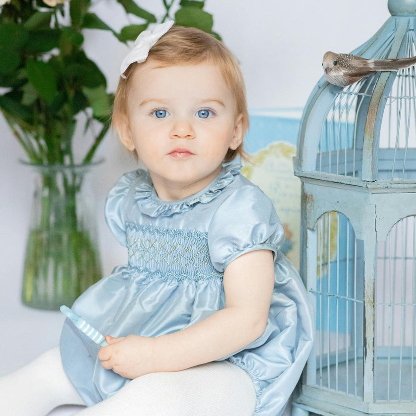 Astrid Blue Silk Smocked Baby Bubble