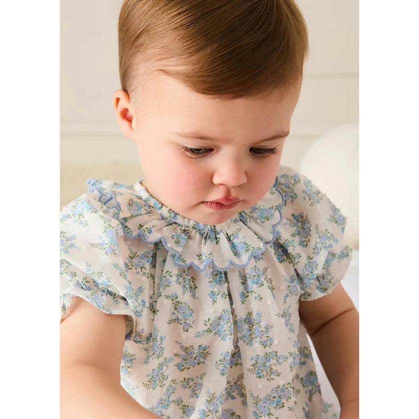 Esme Floral Swiss Voile Scallop Detail All-In-One Pyjamas in Blue (9mths-2yrs)