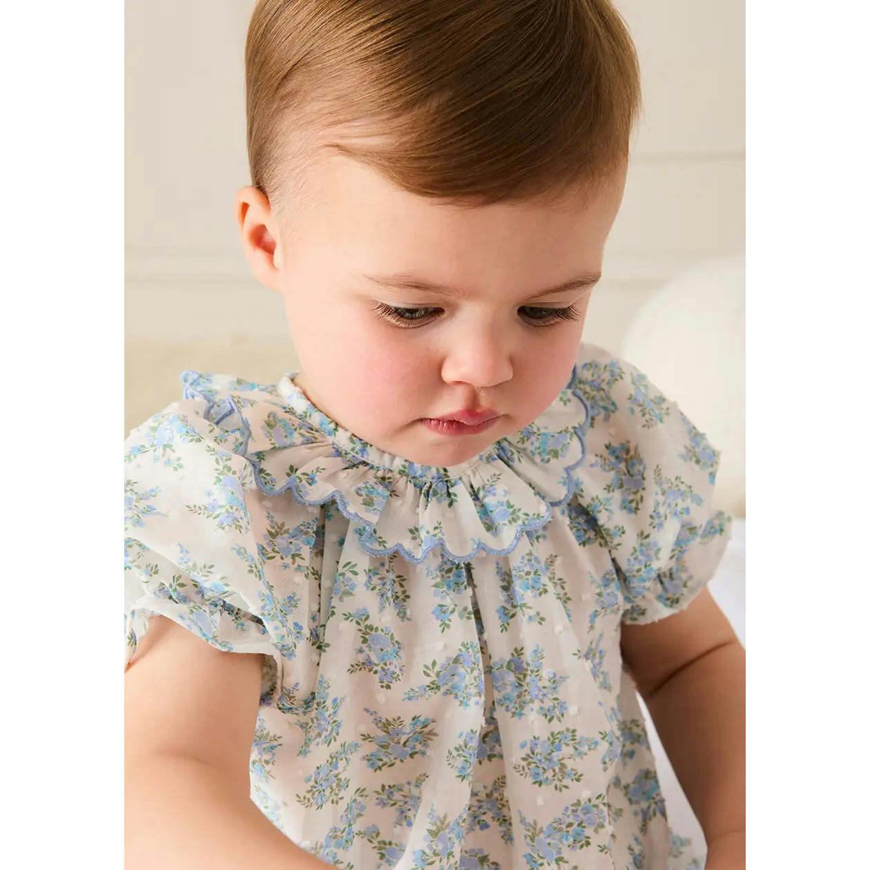 Esme Floral Swiss Voile Scallop Detail All-In-One Pyjamas in Blue (9mths-2yrs)