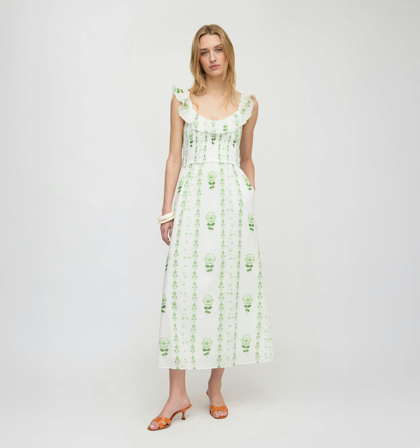 The Cambria Nap Dress - White/Green Arcadia Border