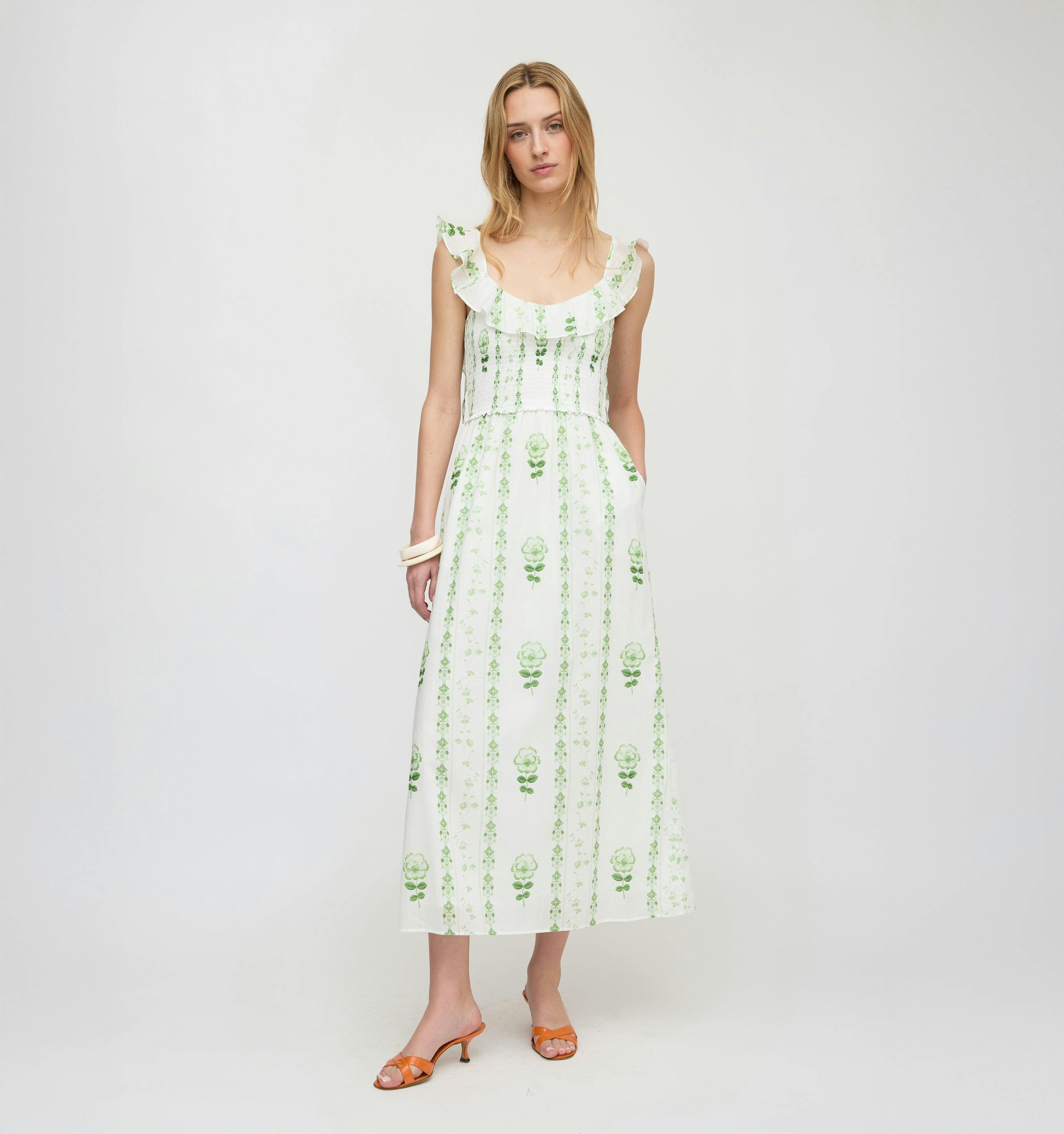 The Cambria Nap Dress - White/Green Arcadia Border