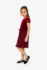 Bi-Material Short Sleeve Dress With Glittering Skirt Red