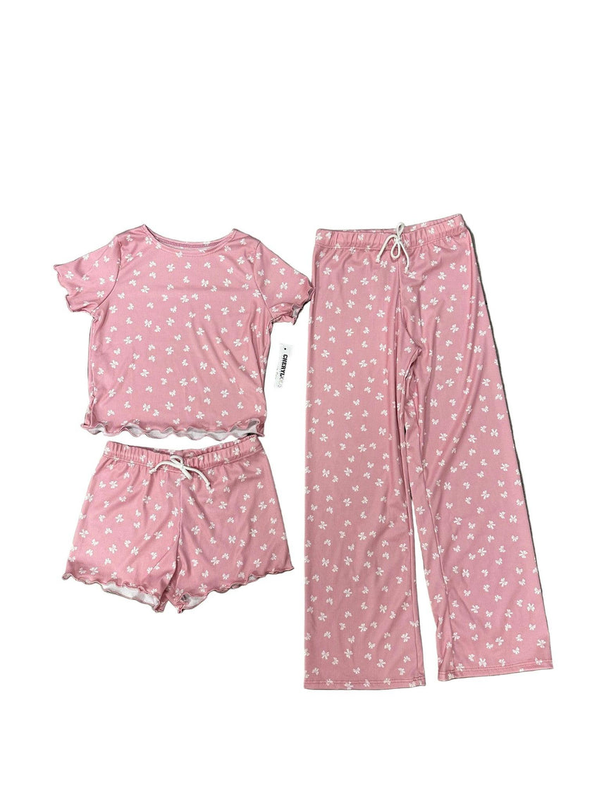 Girls Printed Lounge 3 Pc Short Sleeve Top Pants and Shorts Set