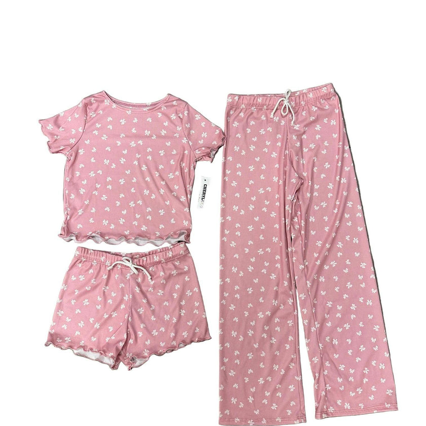 Girls Printed Lounge 3 Pc Short Sleeve Top Pants and Shorts Set
