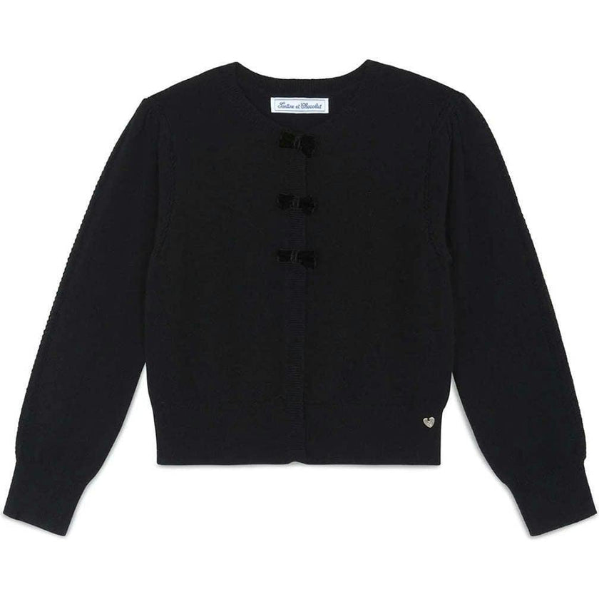 TARTINE ET CHOCOLAT WOOL AND CASHMERE GIRL CARDIGAN WITH KNOTS - BLACK