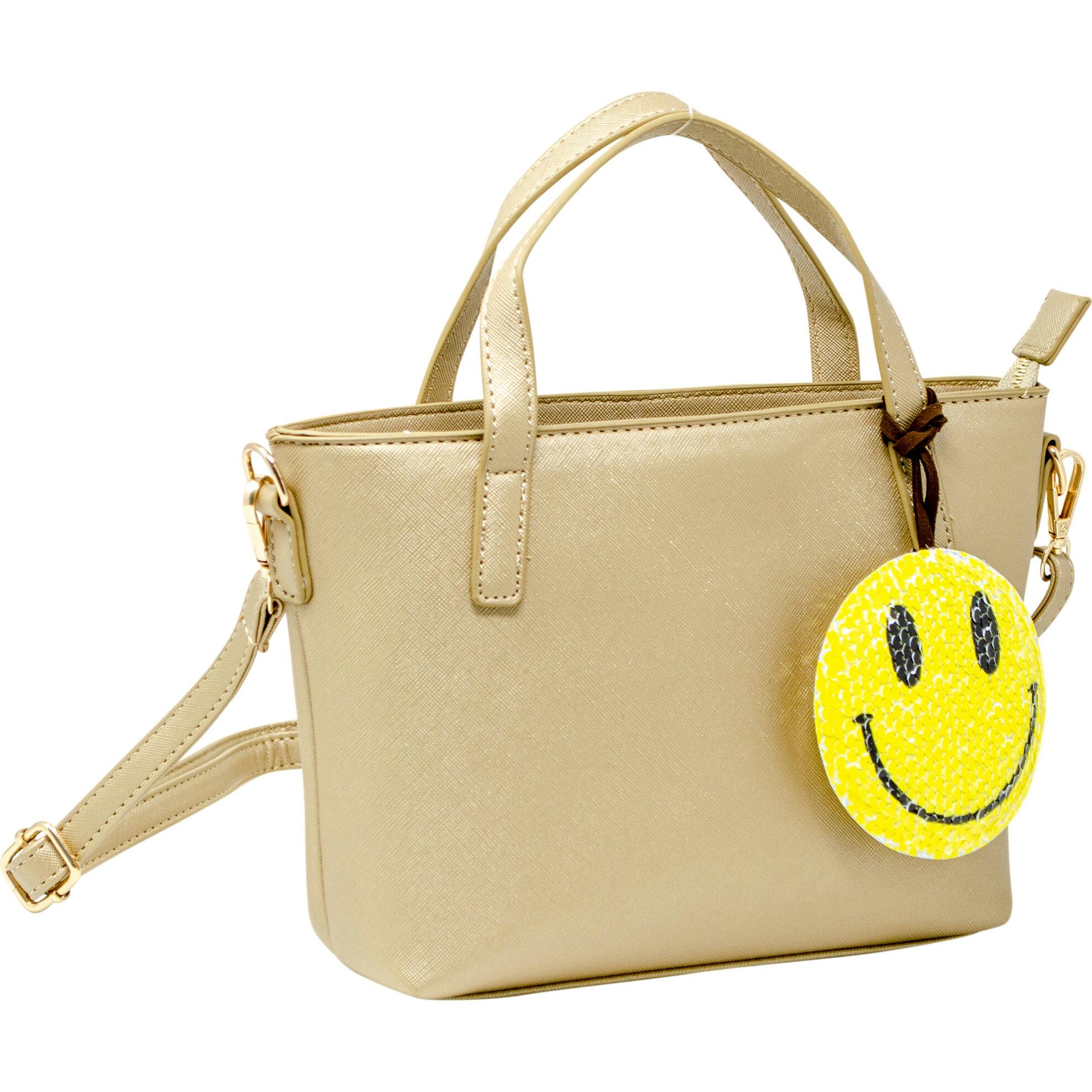 Faux Leather Tote Shoulder Strap Handbag With Sequins Happy Face Charm