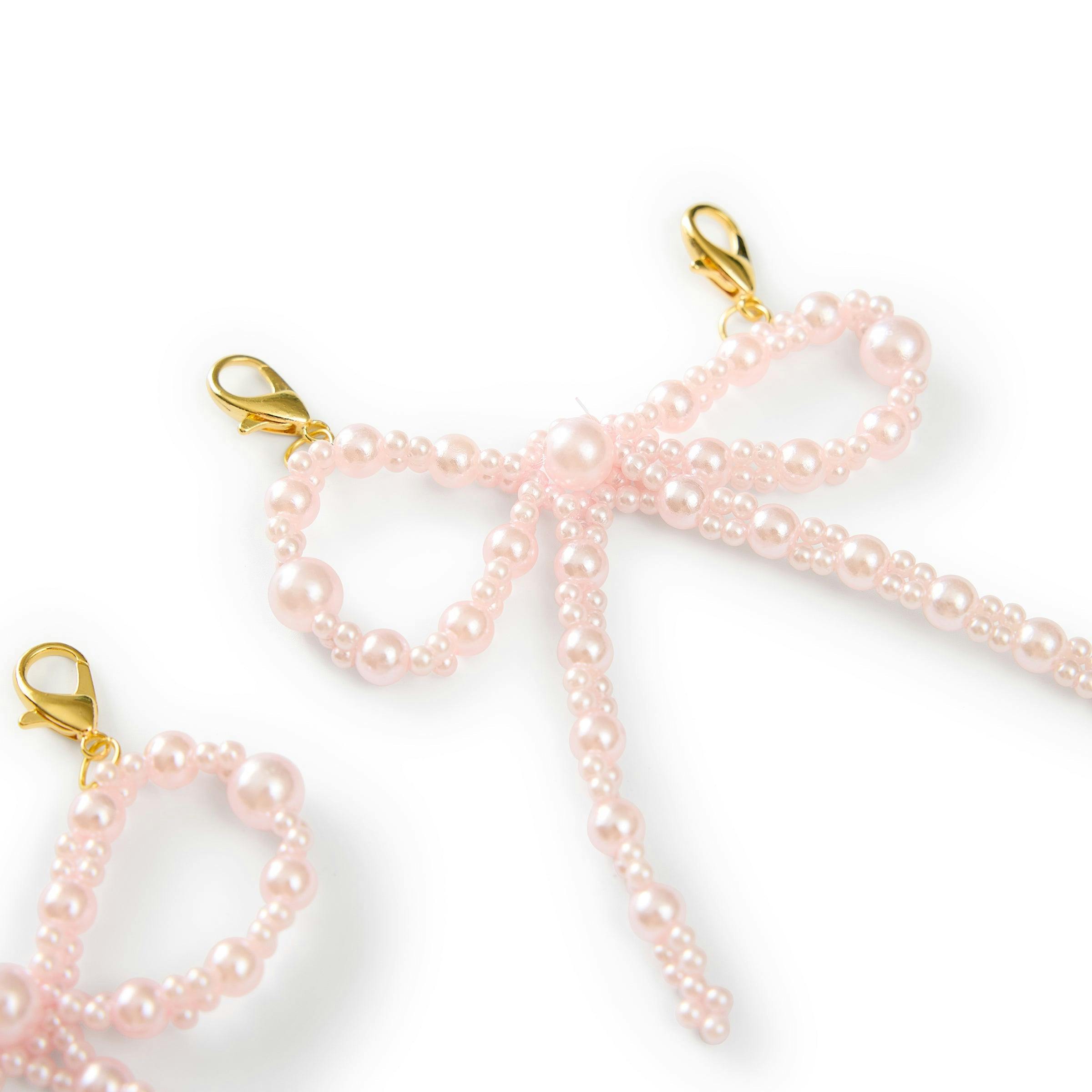 Packed Party Pink Pearl Bow Shoe Charms - Multi-Sized Faux Pearl Bow Charms with Lobster Clips for Sneakers, 2.75x3.3 Inch