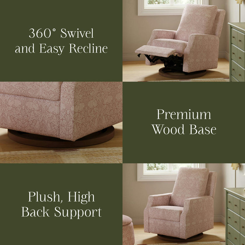 Morris & Co. x Namesake Crewe Recliner and Swivel Glider in Pure Brer Rabbit in Rose Performance Eco-Weave with Dark Wood Base