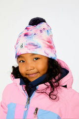 Winter Knit Hat With Pompom Mauve Printed Flowers