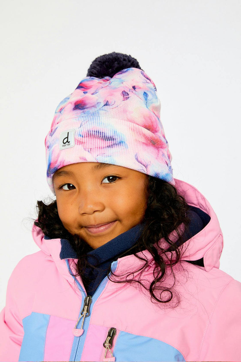 Winter Knit Hat With Pompom Mauve Printed Flowers