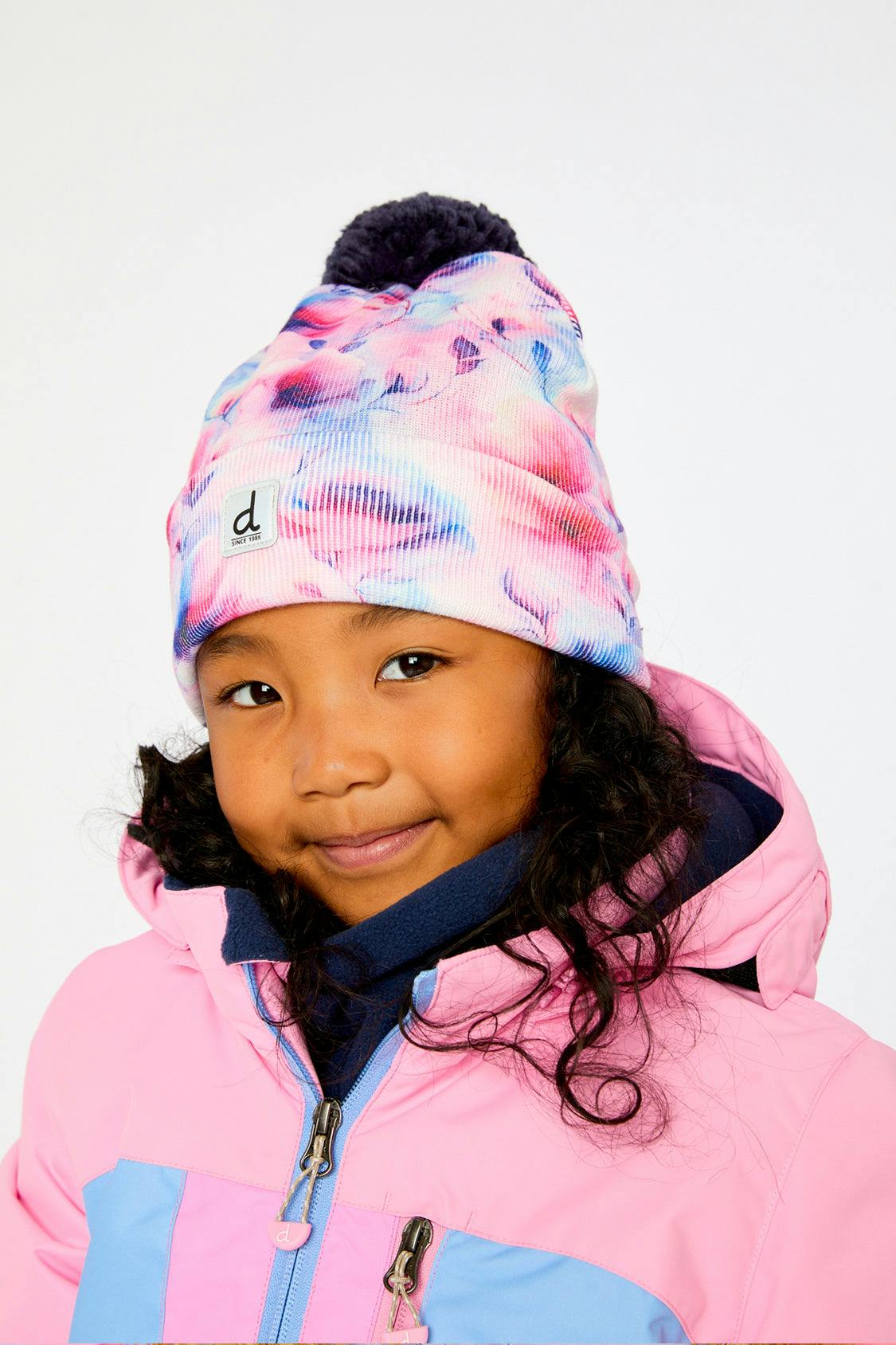 Winter Knit Hat With Pompom Mauve Printed Flowers