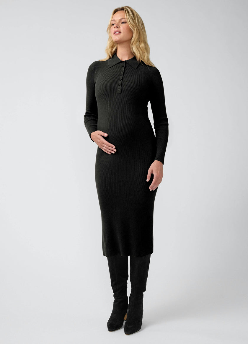 Ribbed Polo Maternity Nursing Midi Dress