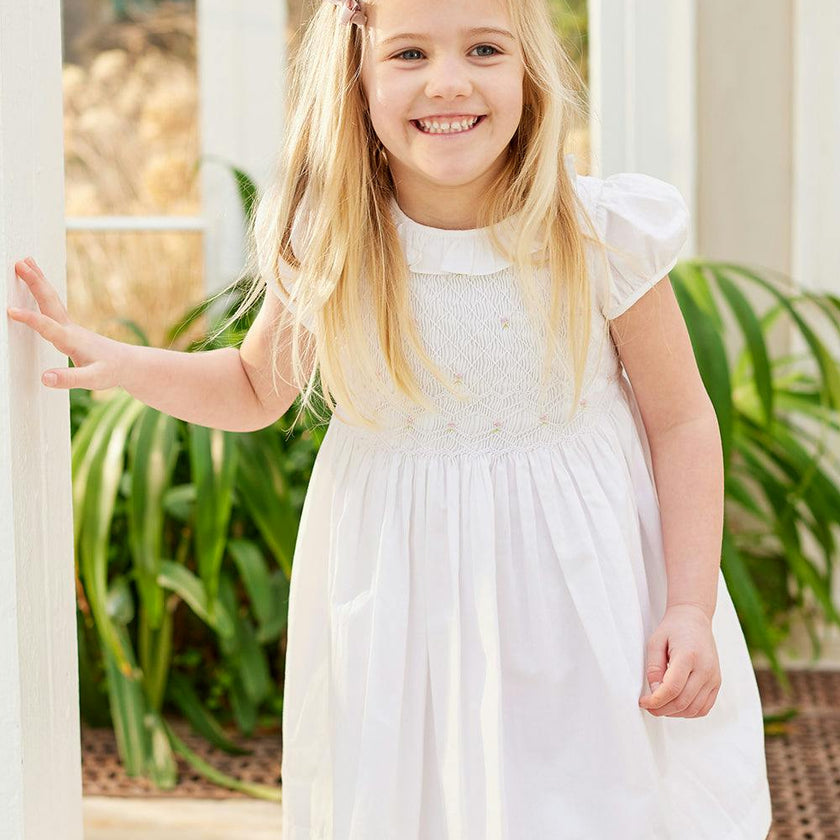 Willow Rose Hand Smocked Dress in White