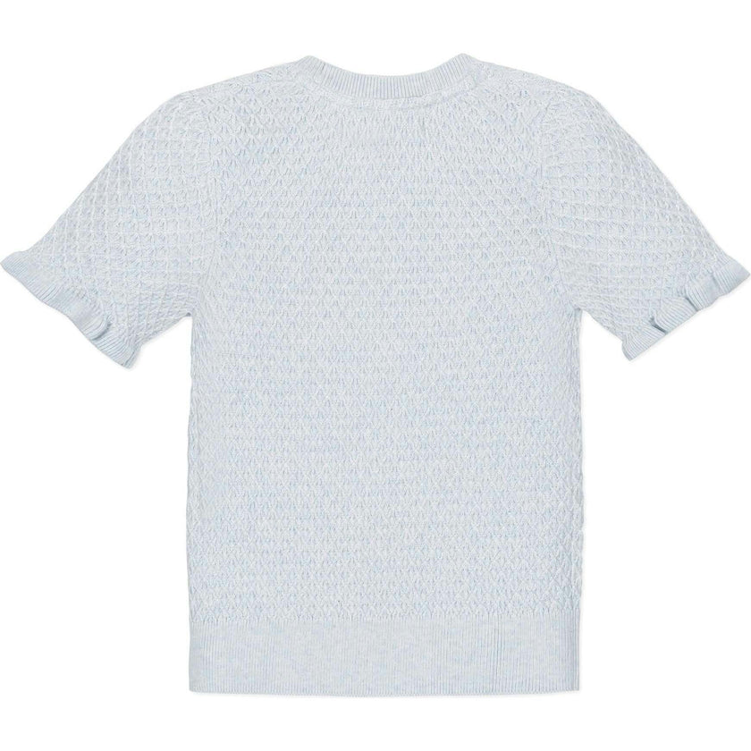 Organic Short Sleeve Ruffle Edge Sweater Knit Top, Blue