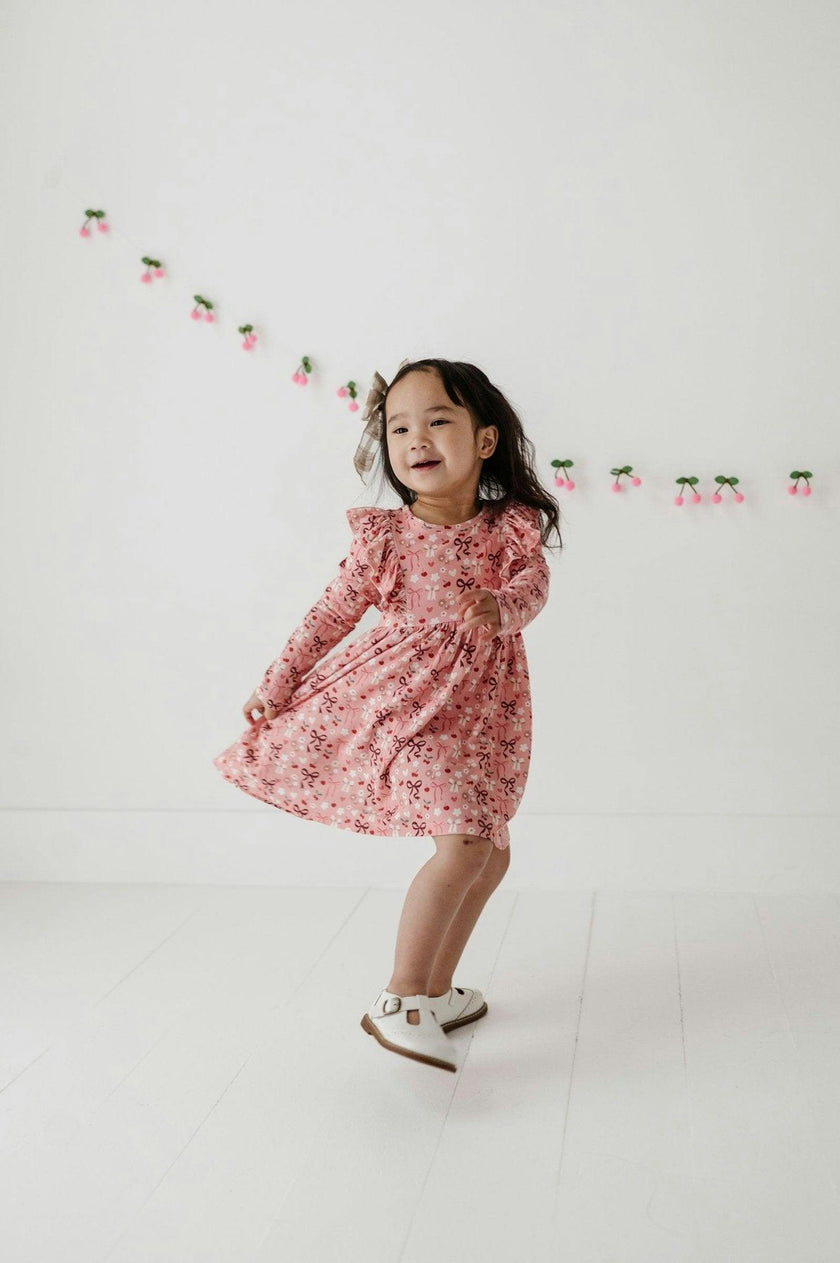 Girls Long Sleeve Ruffle Dress in Cherry Hearts