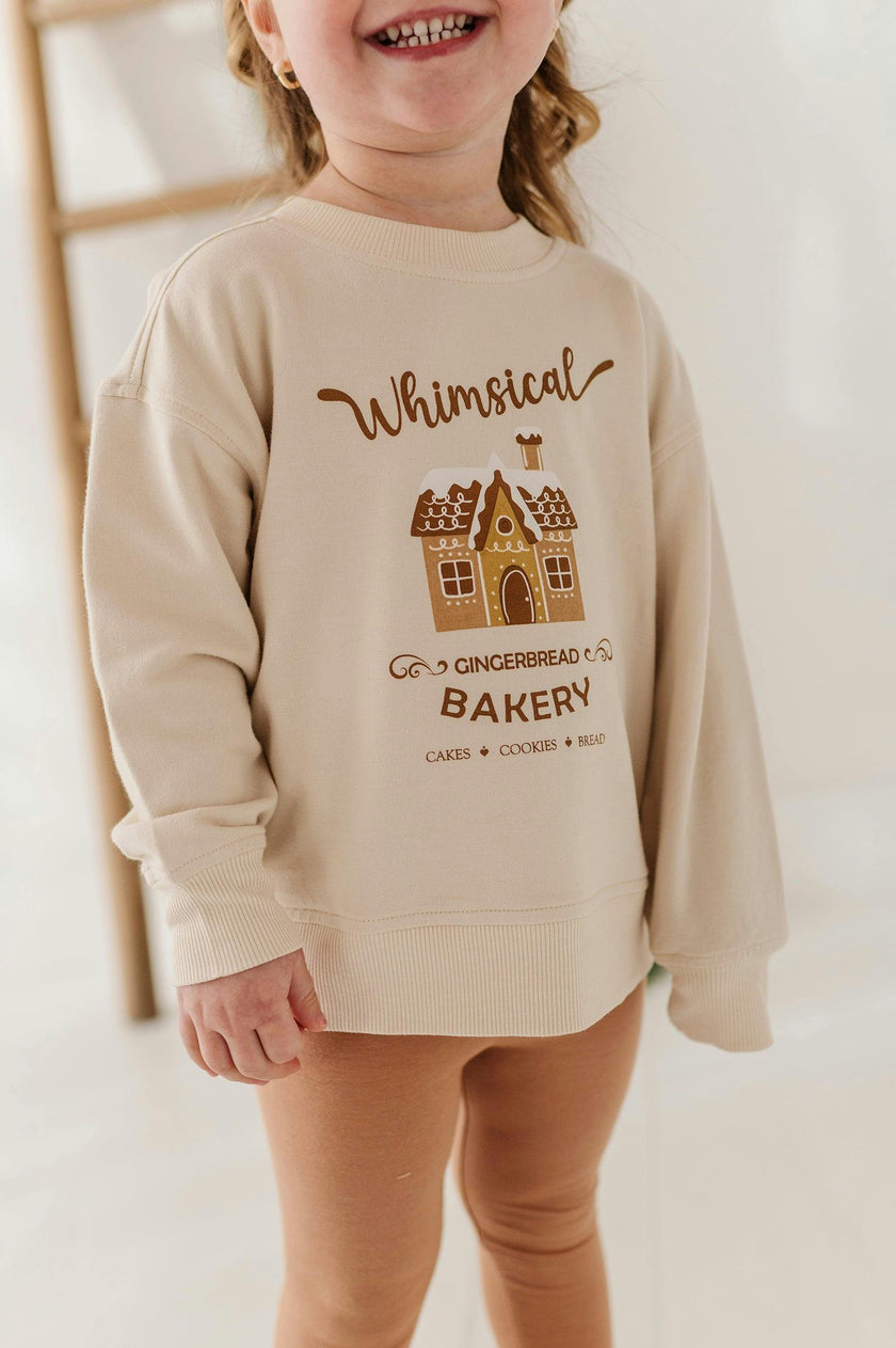 Girls Boxy Sweatshirt in Whimsical Gingerbread Bakery