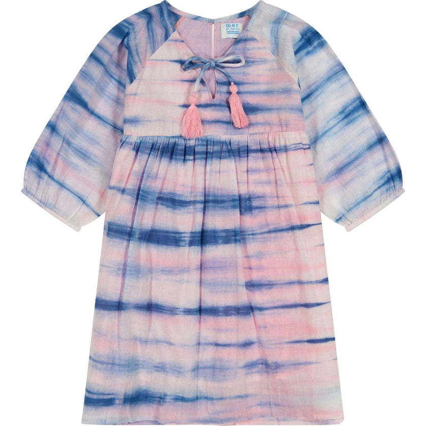 Sara Girl's Popover Dress Rose Blue Shibori, Blue