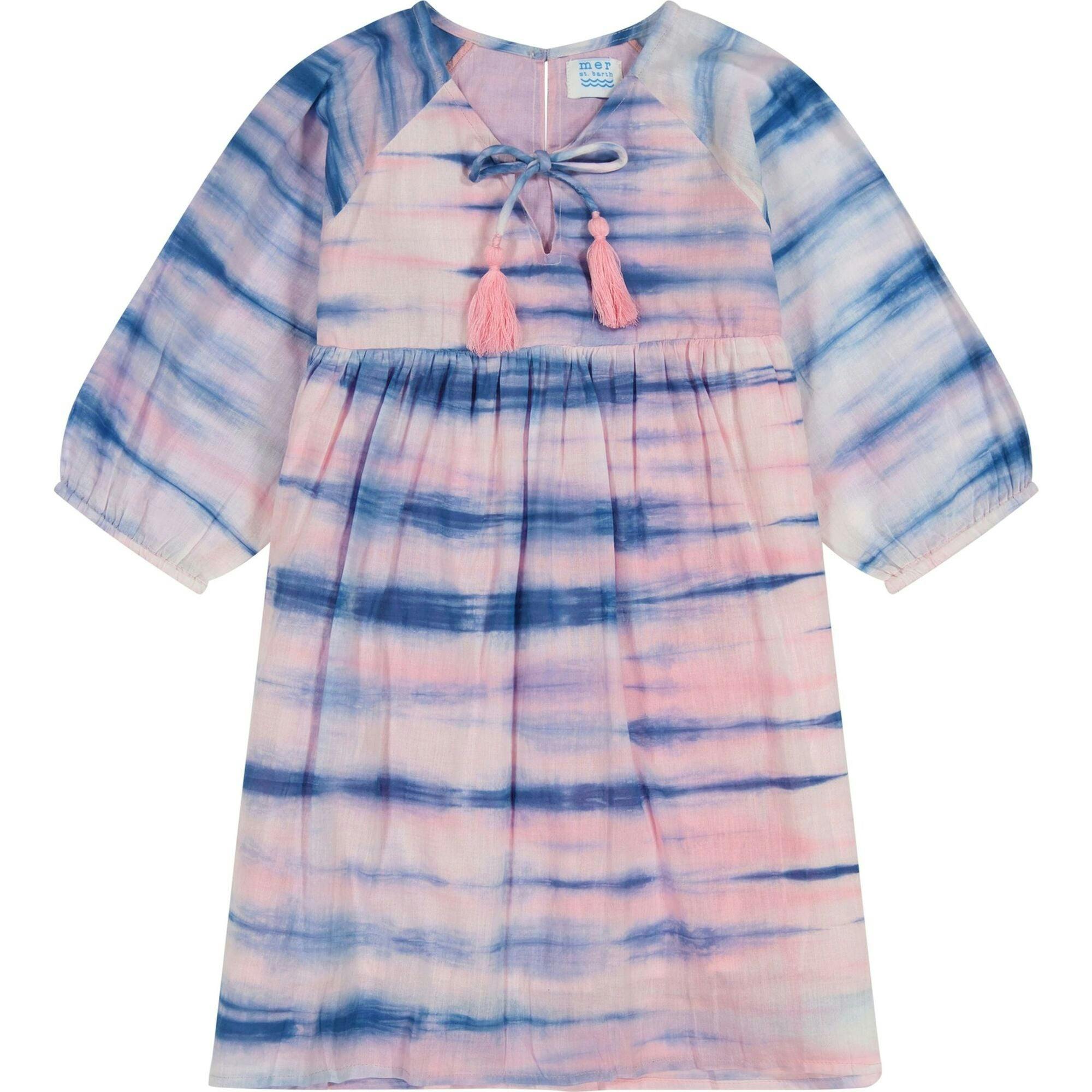 Sara Girl's Popover Dress Rose Blue Shibori, Blue
