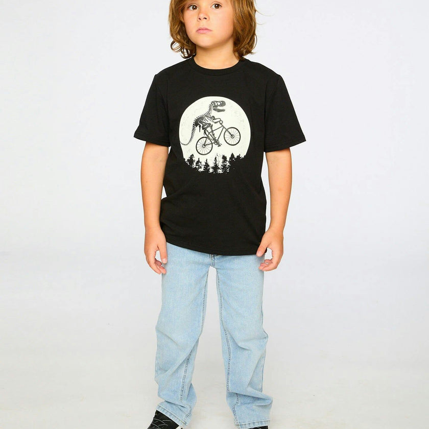 Glow In The Dark Organic Cotton Jersey T-Shirt With Dino On Bike Print Black