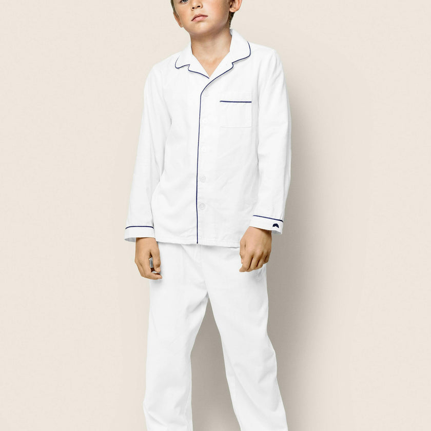 Kid's Twill Pajama Set in White with Navy Piping