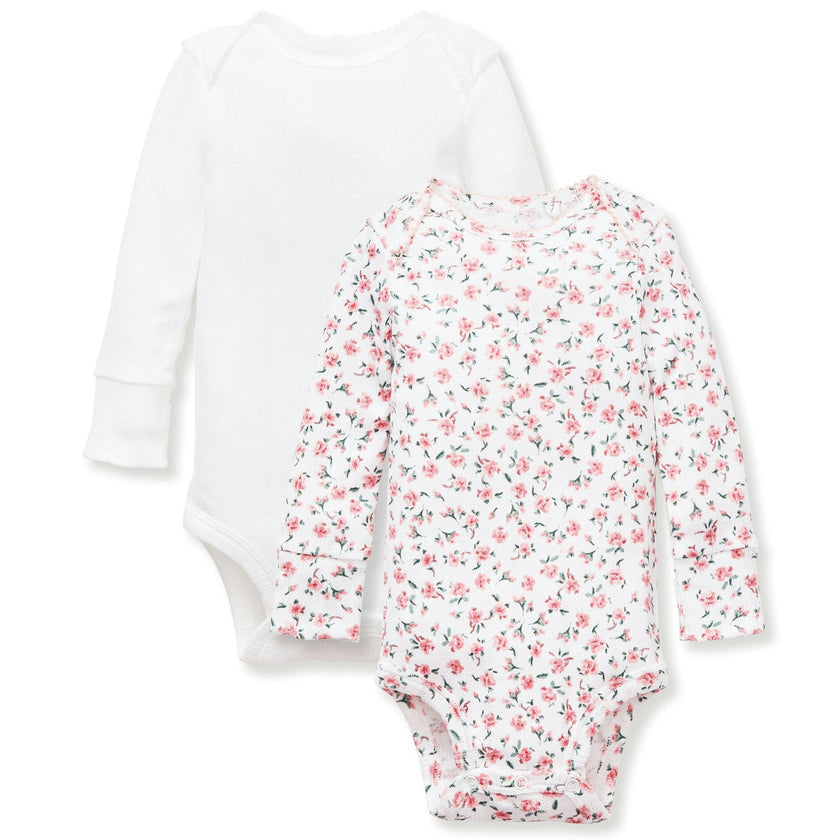 Baby's Pointelle Long Sleeve Onesie Set of 2, White & Pink Floral