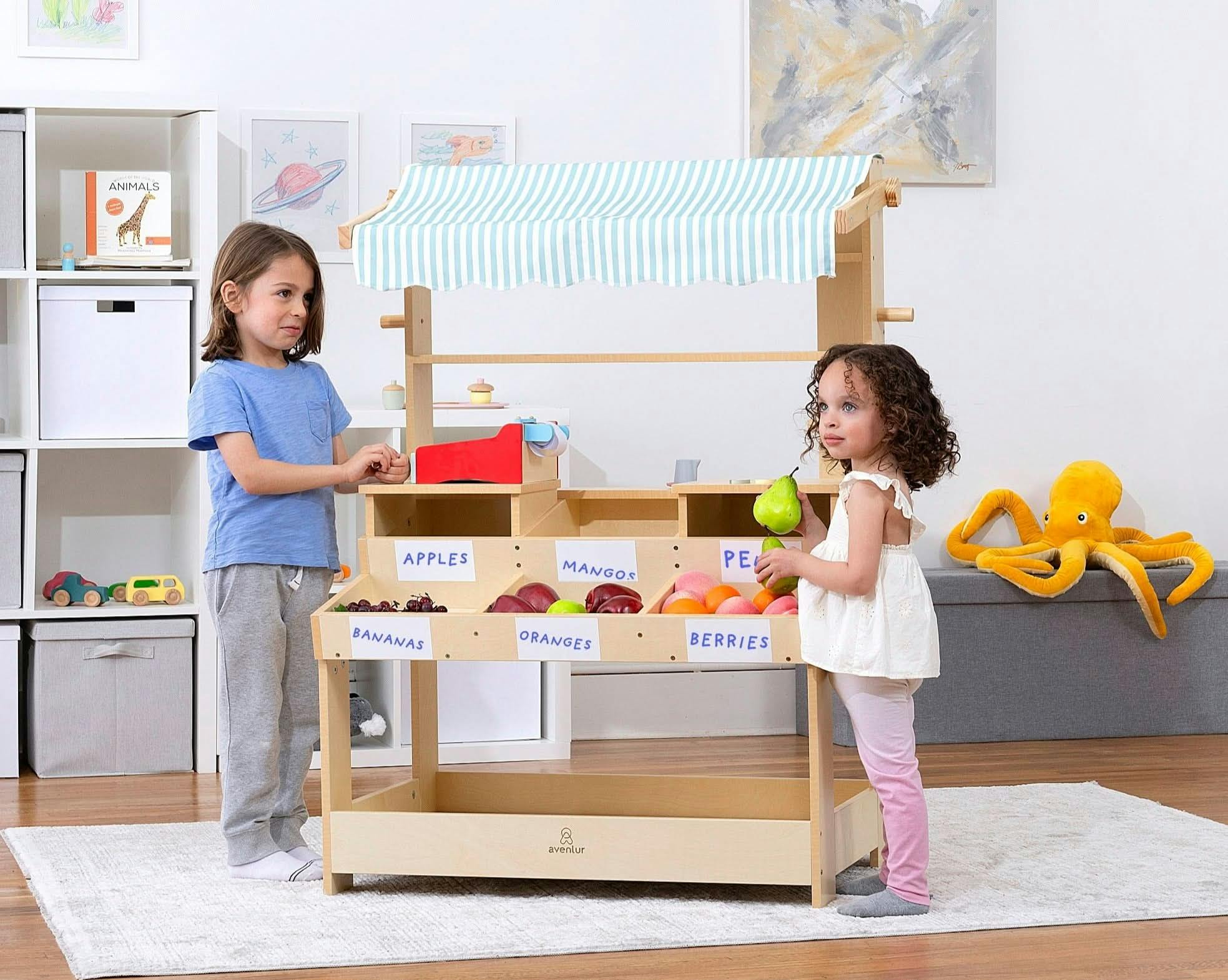 Cypress Wooden Market Stand – Pretend Play Shop for Kids with Storage
