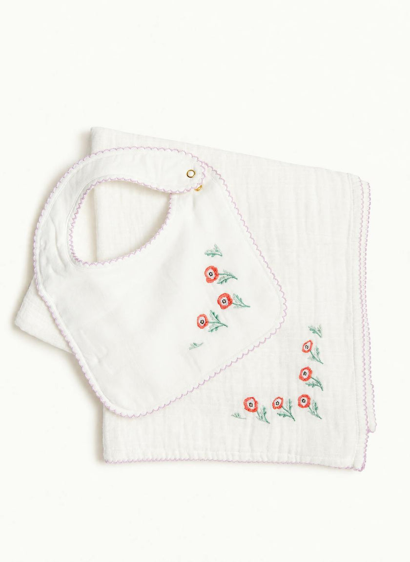 Baby Bib and Shawl Blanket - Embroidered Poppy