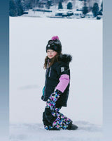 Two Piece Play Snowsuit Black, Blue And Pink Colorblock With Heart Print Pants
